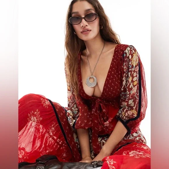 Free People Bali Laurel Bohemian Long Sleeve Red Maxi Dress - $298 - Picture 8 of 16